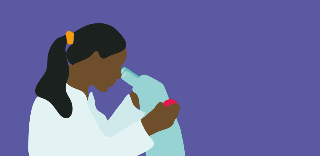 An illustration of scientist who is a woman of colour looking down a microscope against a purple background.